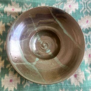 Signed Studio Art Pottery Bowl | Rustic Green | Hand Turned Stoneware 10”